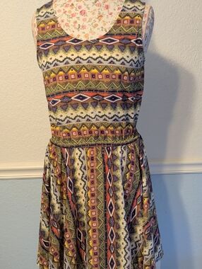 Sleeveless Tribal Print Day Dress in Olive and Rust